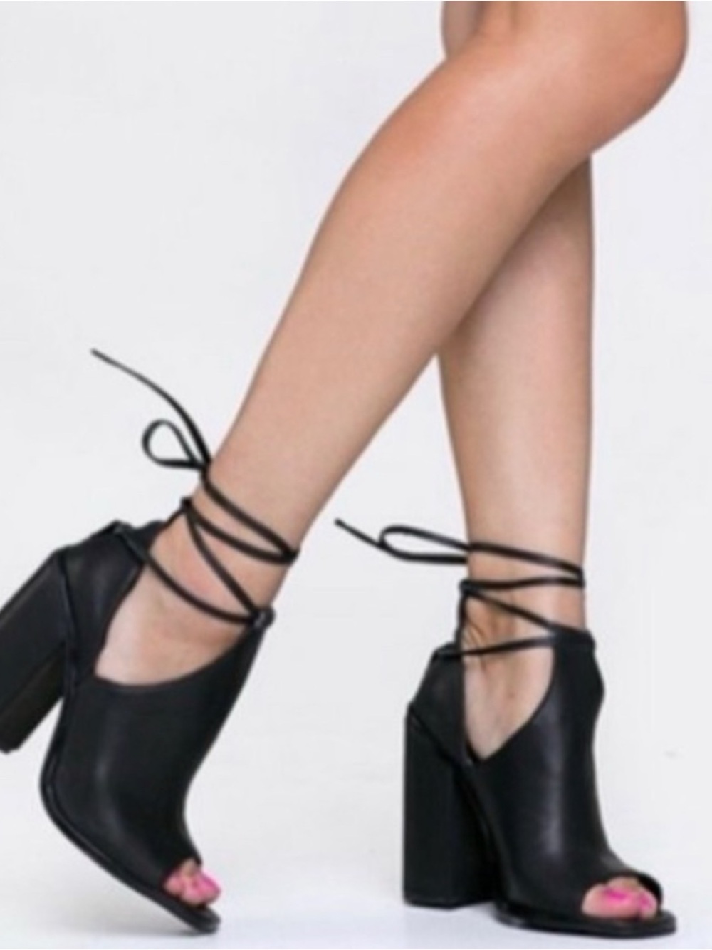 UNIF Black Lace-Up Open Toe Block Heels